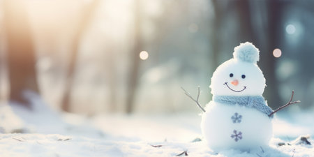 Snowman in winter sunshine on bokeh background. Christmas and New Year concept.の素材