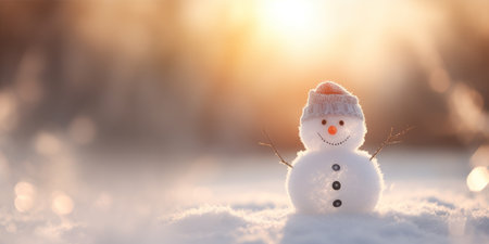 Snowman in winter sunshine on bokeh background. Christmas card.の素材