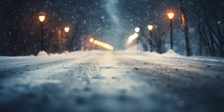 Winter road at night with snowfall and street lights. dangerous driving conditionの素材