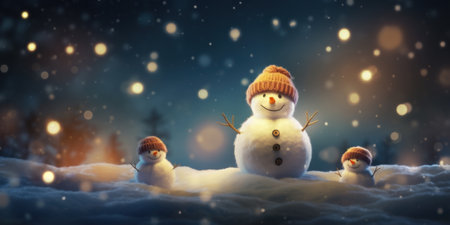 Snowman family at night on snow background, Merry Christmas and Happy New Yearの素材
