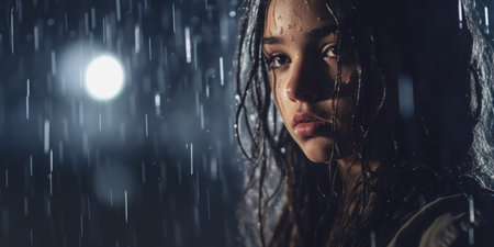 Portrait of a young woman with wet hair in the rain at night. Selective focus.の素材