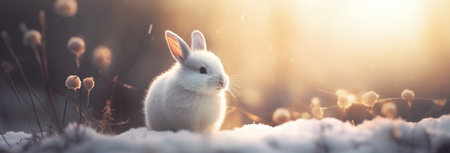 Cute little white rabbit in snowy forest on winter day. Panoramic banner. Happy easter concept.の素材