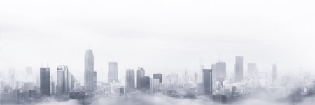 Panoramic view of a foggy cityscape with skyscrapers. Panoramic banner.の素材