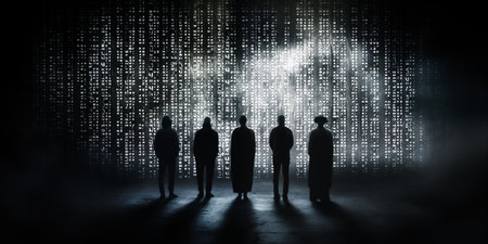 Silhouette of a group of people standing in front of binary codeの素材