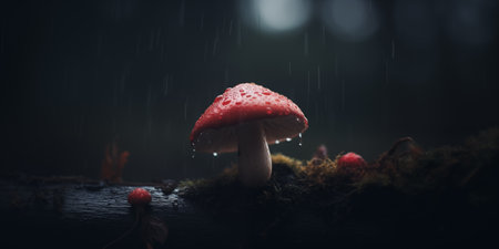 Fly agaric mushroom with raindrops in the forest at nightの素材