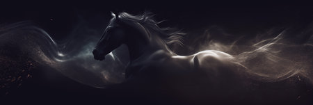 Horse portrait on black background. Horizontal banner with copyspaceの素材