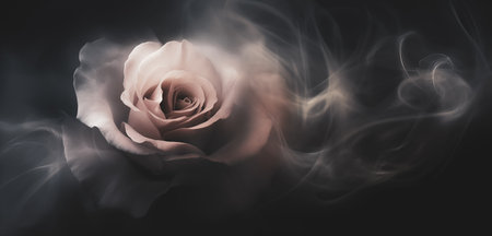 Close-up of a pink rose with smoke on a black backgroundの素材