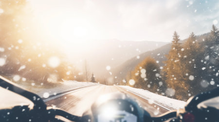 Motorcycle on winter mountain road with Snowfall. Point of view shotの素材