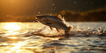 Salmon fish in the water at sunset. Shallow depth of fieldの素材