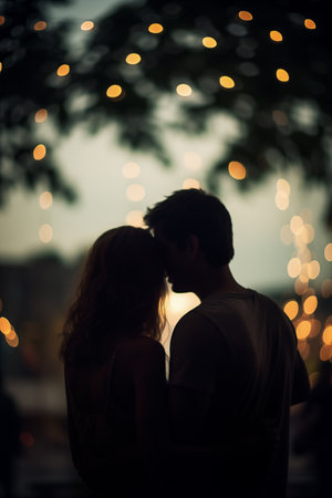 Silhouette of a loving couple against the background of a bokehの素材