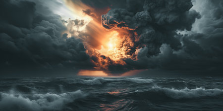 Dramatic stormy sunset over the sea with a huge cloud above itの素材