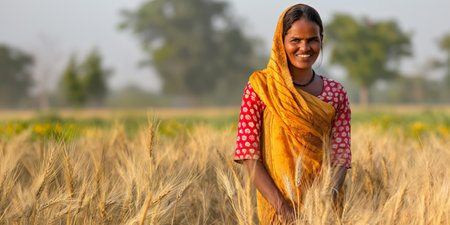 Indian woman farmer standing in wheat field at sunset, smiling and looking at cameraの素材