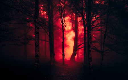 Mystical foggy forest at night. Halloween horror scene.の写真素材
