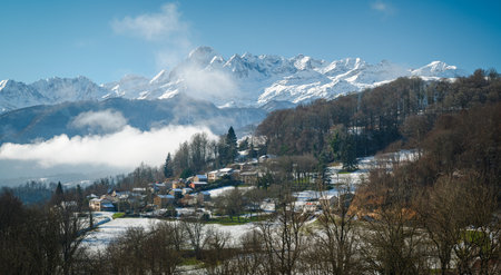 Mountain village in the Ariege Pyrenees with Mont Valier in the background