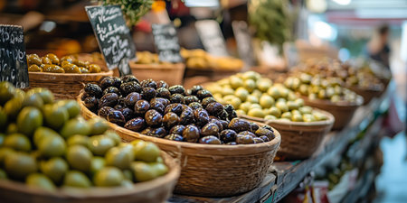 Assortment of olives on the counter of a Mediterranean marketの素材