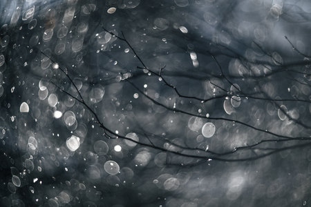 Water drops on tree branches with bokeh background. Nature.Vintage lens shot of water drops on tree branches and bubble bokehの写真素材