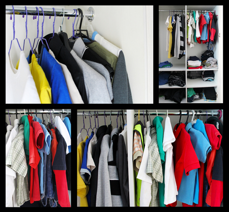 Clothes on hangers in the closetの写真素材