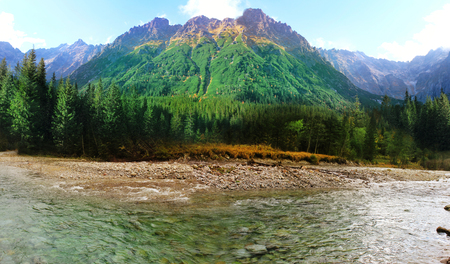 Panoramic view of mountains and forests near the mountain river.の写真素材