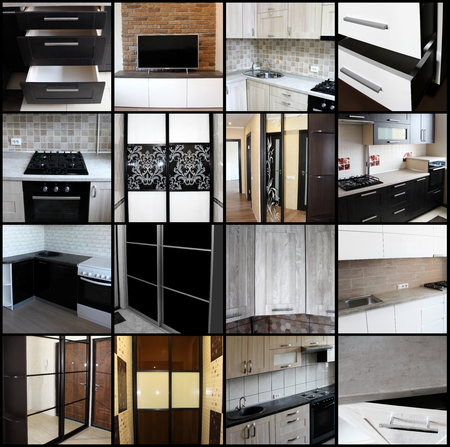 Collage on the theme of the furniture. Isolated furniture on black backgroundの写真素材