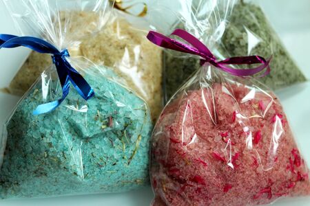 Sea salt with natural herbs and flavors in bags.の写真素材
