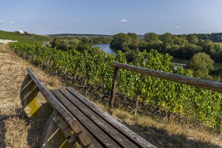Rest area in vineyards near town Volkach overlooking the church Maria in the vineyard  and River...