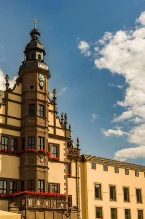 Historic town hall with tower and balcony and modern extension in Schweinfurtのeditorial素材