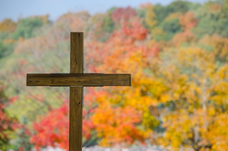Wooden cemetery cross with autumn color trees in backgroundの写真素材