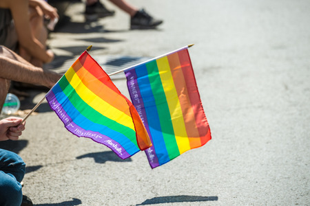 GayPride spectators carrying Rainbow gay flags during Montreal Pride March in 2015