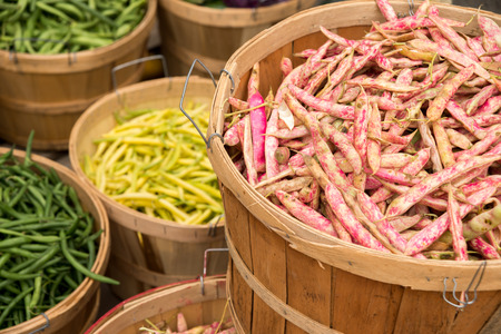 Different types of beans at the market : cranberry beans, green beans and butter beans