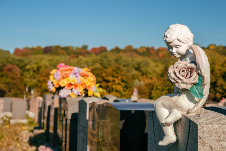 Statue of an angel holding a rose sitting on a tombstone in a cemetery with flowers and headstones in the backgroundの写真素材