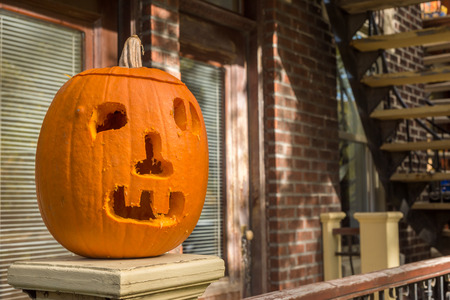 Carved pumpkin Jack-o-lantern halloween decorationの写真素材