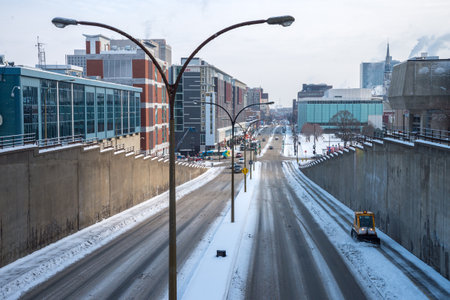 Montreal, CA - 17 December 2016: A snowplow in motion during snow storm.のeditorial素材