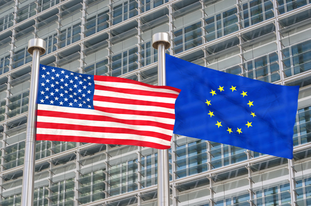 US and European flags waving in the wind (3D rendered)の写真素材