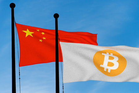 China flag and Bitcoin Flag waving over blue sky (digitally generated image)の写真素材