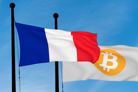 French flag and Bitcoin Flag waving over blue sky (3D rendering)の写真素材
