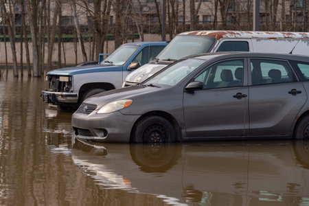 Pierrefonds-Roxboro, Quebec, Canada - 29 April 2019: Cars submerged during spring floodsのeditorial素材