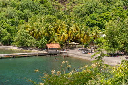 Anse Noire, Martinique, FR: 13 August 2019: Top view of Anse Noire beach. This cove gets its name from the volcanic origin of its sand.のeditorial素材