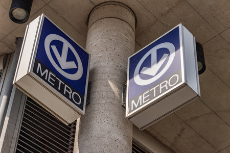 Montreal, Canada - 03 September 2019: Montreal Metro STM signs at Berri subway station.のeditorial素材