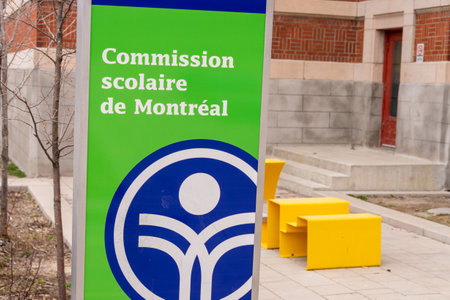 Montreal, CA - 27 April 2020: Commission Scolaire Sign (School Board) in Rosemont district.