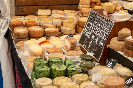 Lisbon, Portugal - 8 March 2020: Several kinds of portuguese cheese at the market in Portugalのeditorial素材