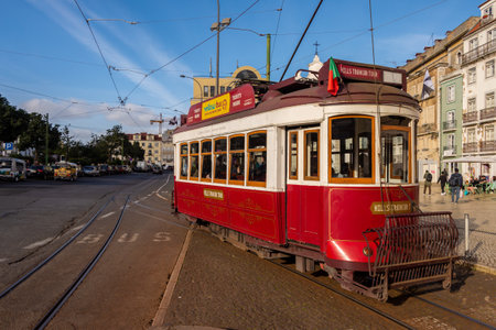 Lisbon, Portugal - 2 March 2020: Red tram at the Praca dom Duarteのeditorial素材