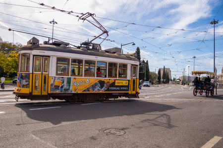 Lisbon, Portugal - 2 March 2020: Famous yellow Tram 28 in Belem districtのeditorial素材