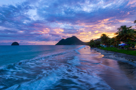 Le Diamant, Martinique, France - 17 August 2019: Le Diamant Beach in Martinique at sunsetのeditorial素材