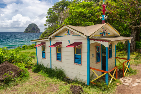Le Diamant, Martinique, France - 17 August 2019: Maison du Bagnard at Le Diamant in Martinique and Diamond Rock in the distanceのeditorial素材