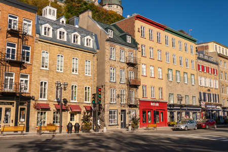 Quebec City, Canada - 4 October 2019: Traditional stone houses on Boulevard Champlain in the Petit Champlain historic district.のeditorial素材