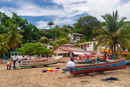 Anse Dufour, Martinique, France - 17 August 2019: Colorful fishing boats at the Anse Dufourのeditorial素材