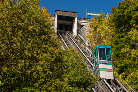 Quebec City, Canada - 5 October 2019: The Old Quebec Funicular links the Haute-Ville (Upper Town) to the Basse-Ville (Lower Town)のeditorial素材