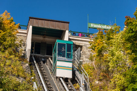 Quebec City, Canada - 5 October 2019: The Old Quebec Funicular links the Haute-Ville (Upper Town) to the Basse-Ville (Lower Town)のeditorial素材