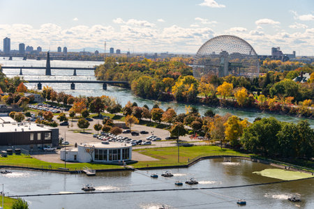 Montreal, CANADA - 15 October 2019: Biosphere & Saint-Lawrence River from Jacques-Cartier Bridge in the autumn season.のeditorial素材