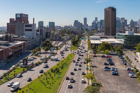 Montreal, CA - 19 September 2019: Traffic on Boulevard Rene-Levesque, as seen from Jacques Cartier...